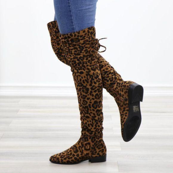 Leopard Suede Thigh High Flat Boot Lace Up Back - Picture 3 of 14